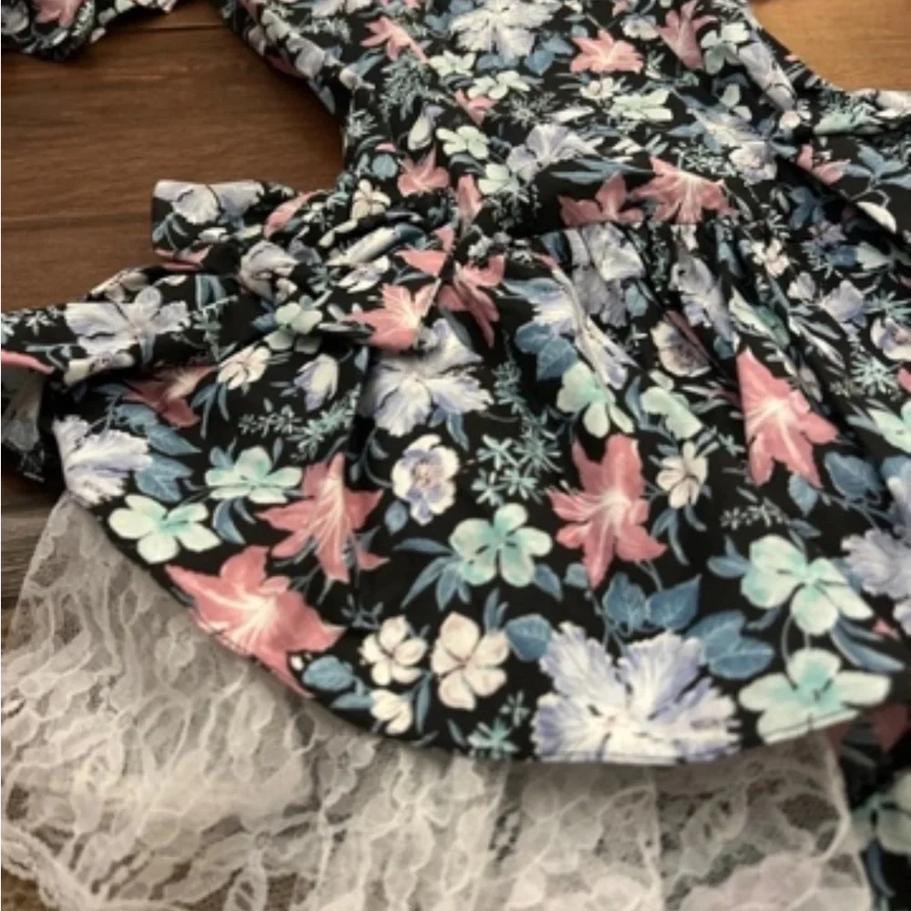 Black Floral Lace-Trim Fit & Flare Dress